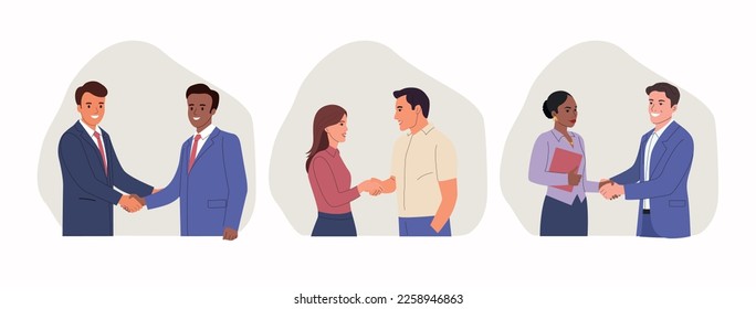 Men and women shake hands. Male handshake of business partners. Vector cartoon flat style illustration