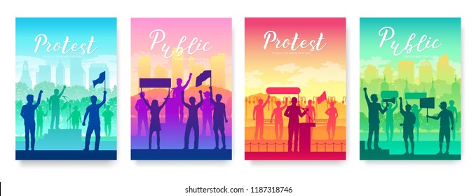 Men and women share a protest vector brochure cards set.  Layout crowd of protester template of flyear, magazines, poster, book cover, banners. revolution, conflict invitation concept background.