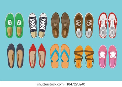 Men and Women shoes top view. Shoes icons. Sneakers and Slippers collection. Vector illustration