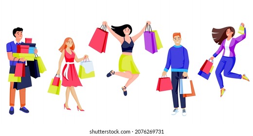 Men and women with shopping bags and boxes. Young happy jumping and walking people with presents. Vector flat cartoon characters illustration set isolated on white background