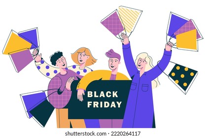 Men and women with shopping bags. People with their purchases. Concept of black friday sale. Vector illustration