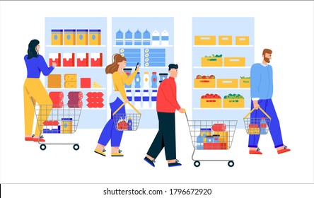 Men and women with shopping carts and baskets choosing and buying products at supermarket or grocery store. Flat vector illustration. Trolleys, purchases, consumerism