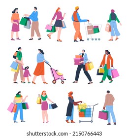 Men and women in shopping mall buying clothes and groceries. Family on weekends, girls hobby and spending of time. People with bags and trolleys filled with presents for holiday. Vector in flat style