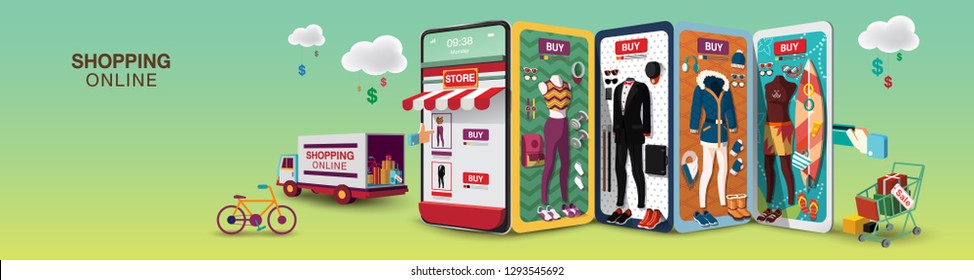 Men & Women Shopping Online on Mobile Phone Long Size VECTOR 