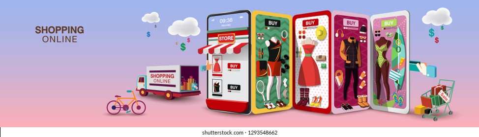 Men & Women Shopping Online On Mobile Phone Long Size VECTOR 