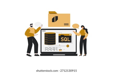 Men and Women are showing SQL database developer programmer on laptop.
