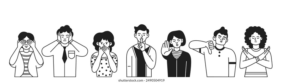 Men and women showing various gestures doodle line cartoon illustration set. Communication by body language linear vector people collection