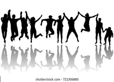 Men and women silhouettes jumping holding the hands