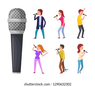 Men and women singing, microphone and singers isolated vector characters. Pop artists or performers, celebrities sing songs and musical electric device