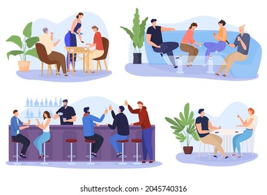 Men and women sit in a cafe, restaurant or bar. A company of friends communicates. Couple in love having lunch in a cafe. Colorful vector illustration in flat cartoon style.