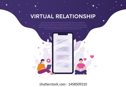 men and women sit on their laptops and with huge phones on the back, emoticons of love and likes as background, concepts of dating apps and modern virtual relationships