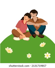 Men and women sit and talk among the white flowers.