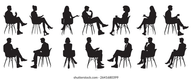 men women sitting chairs talking silhouette vector illustration