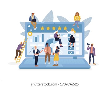 Men, women sitting, climbing up ladder, speaking megaphone, communicating, standing around big laptop. Working process, busy people in company office vector flat illustration on white background.