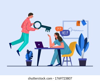 Men and women sitting at desk the man give the key to women to Help her. Productive teamwork. Colorful vector illustration in flat style.