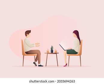 Men and women sitting interviews and recordings in the notebook. Flat design Illustration about Sitting interview.