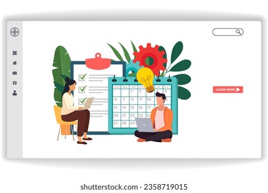 Men and women sitting looking at laptops. website page Marketing Schedule. Modern flat design concept of web page design for website and mobile website
