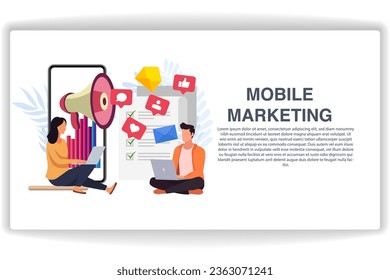 Men and women sitting looking at laptops. website page Mobile Marketing. Modern flat design concept of web page design for website and mobile website