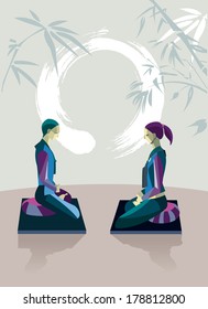 Men and women sitting in the lotus position, in a meditation hall, practicing silent meditation. They belong to the tradition of Zen Buddhism.