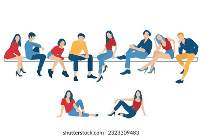 Männer und Frauen, die auf einer Bank sitzen, verschiedene Farben, Cartoon-Charakter, Gruppen-Silhouetten von Geschäftsleuten, Studenten, das Design-Konzept einer flachen Ikone einzeln auf weißem Hintergrund