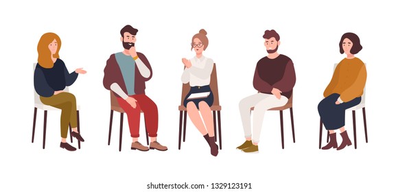 Men and women sitting on chairs and talking to psychotherapist or psychologist. Group therapy session, psychotherapeutic meeting or psychological aid. Vector illustration in modern flat style.