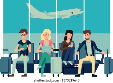 Men and women sitting on chairs in airport. Passengers having rest before boarding in plane. People in waiting hall in departure lounge. Delayed flight. Flat cartoon vector illustration.