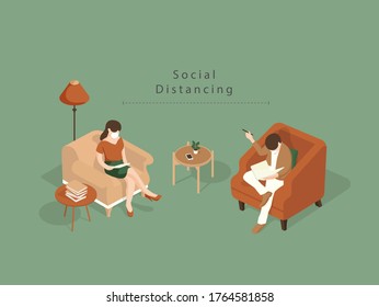 Men and women are sitting and reading on a sofa wearing masks and maintain social distancing to minimize the risk of getting Covid19.Isometric Illustration about Reading books during social distancing