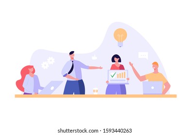 Men and women sitting and standing in office. Team of people at workplace working on solution together. Concept of teamwork, patnership and creative idea. Vector illustration flat design