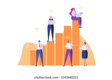 Men and women sitting and standing on growing chart. Team of people at workplace working on solution together. Concept of teamwork, patnership and creative idea. Vector illustration flat design