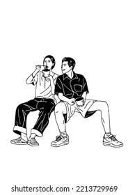 men and women sitting together eating instant noodles hand drawn art illustration