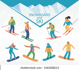 Men and women skiing and snowboarding.Winter sport activity. Vector cartoon flat style.