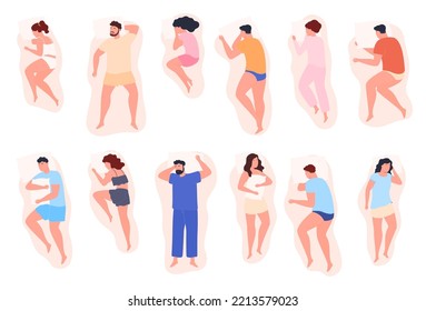 Men and women sleep in different positions. Comfortable healthy sleep. Vector illustration