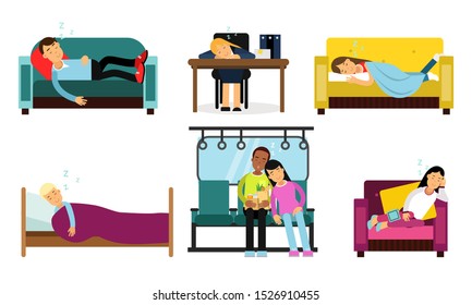 Men And Women Sleeping In Different Poses And Places Vector Illustration Set Isolated On White Background