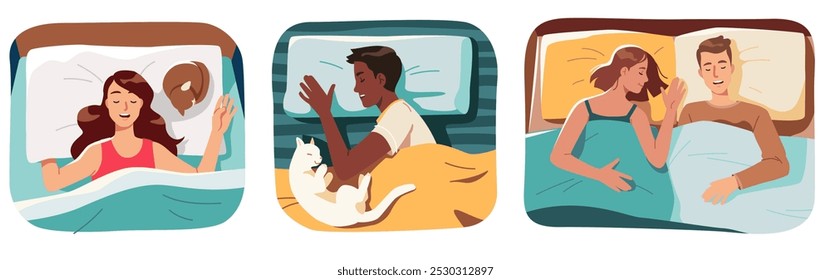 Men, women sleeping on pillows in bed at night. Cute asleep family couple, persons relaxing lying under blanket with cats top view. Rest, sleep relaxation, bedtime comfort flat vector illustration set