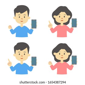 Men and women with smartphones. Vector data on white background.