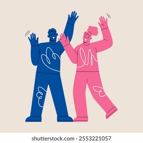 Men and women smiling and raising their hands in joy. Colorful vector illustration

