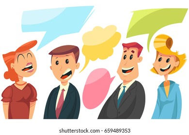 Men and women with a speech bubble. Vector cartoon illustration of business people conversation isolated on a white background.
