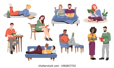 Men and women spending time at home reading books. Personages enjoying literature laying on sofa or bed. Males and females, students or adults with textbooks. Cartoon character, vector in flat style