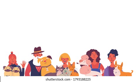 Men and women spending time with their domestic animals. People are standing with different home pets. Flat vector illustration.