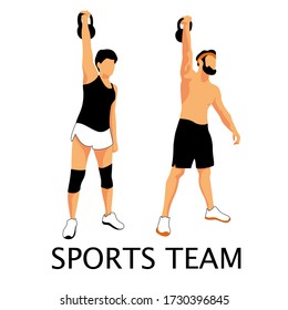 Men and women in sportswear lift weights. Sports exercises with weights . Without a face. Color vector illustration.