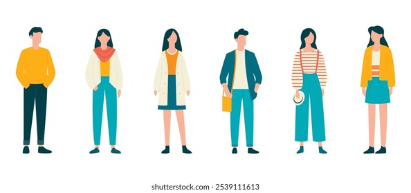 Men and women stand in different poses isolated on white background. Vector illustration. Flat faceless style. Vector illustration