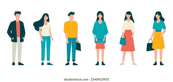 Men and women stand in different poses isolated on white background. Vector illustration. Flat faceless style. Vector illustration