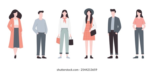 Men and women stand in different poses isolated on white background. Vector illustration. Flat faceless style. Vector illustration