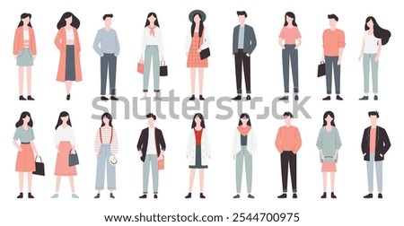 Men and women stand in different poses isolated on white background. Vector illustration. Flat faceless style. Vector illustration