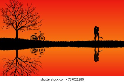 Men and women stand embracing outdoors, with bicycles parked beneath the trees. Valentine's Day Concept. The atmosphere is warm with a beautiful nature reflected in the water. Vector illustrations