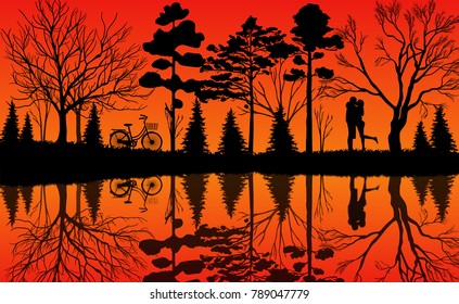 Men and women stand in the middle of the forest with their bicycles parked under the trees. The atmosphere is warm with a beautiful nature reflected in the water. Vector illustrations