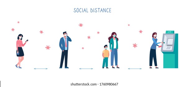 Men and women stand in queue at ATM, they keep their distance. Social safe distance between people, so as not to spread the virus COVID-19. In line, for withdraw cash and put money on card. Vector