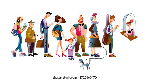 Men and women stand in queue to clerk window, reception, ticket office. People wait in line, Cashier consults Client. Consulting client, financial services, support and registration. Vector