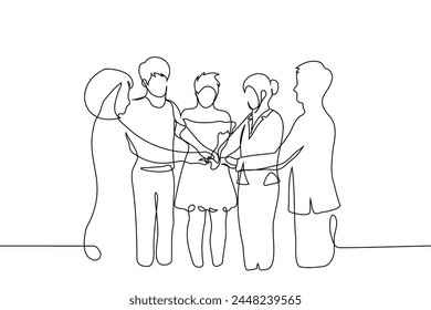 men and women stand with their palms placed together in the center - one line art vector. hand drawn illustration of unification, team, youth, diversity. Hand made vector not AI