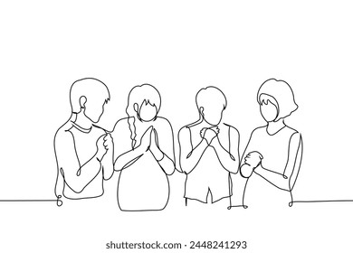 men and women stand with their palms folded in a praying gesture - one line art vector. hand drawn illustration of different gender people praying, saying affirmations or mantra. Hand made vector not 